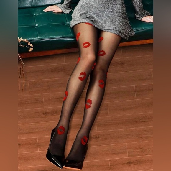 New Women's Black Red Lips Print Mesh Stretch Transparent Stockings Tigh… - Picture 1 of 2